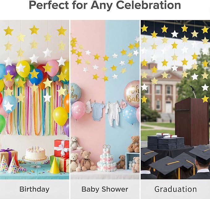 Glitter Gold, Light Gold & White Iridescent Star Garland 90FT, 240pcs Hanging Glitter Star Banner Backdrop for Birthday, Baby Shower, Wedding & Christmas Party Decorations (6 Packs)