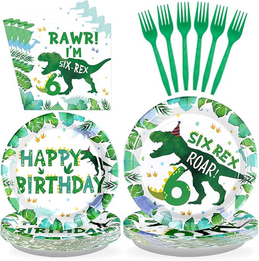 Grencian 96 Pcs Dinosaur 6th Birthday Decorations Dino Plates and Napkins 6 Years Old Dinosaur Party Supplies Roar I’m Six Dino Tableware Set for Boys Kids Dino Themed Party Favors Serves 24