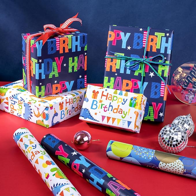 WRAPAHOLIC Dinosaur Birthday Wrapping Paper Roll - Mini Roll - 3 Rolls - 17 inch x 120 inch Per roll - Happy Bday Wrapping Paper for Kids Boys Birthday, Baby Shower, Dinosaur Lover