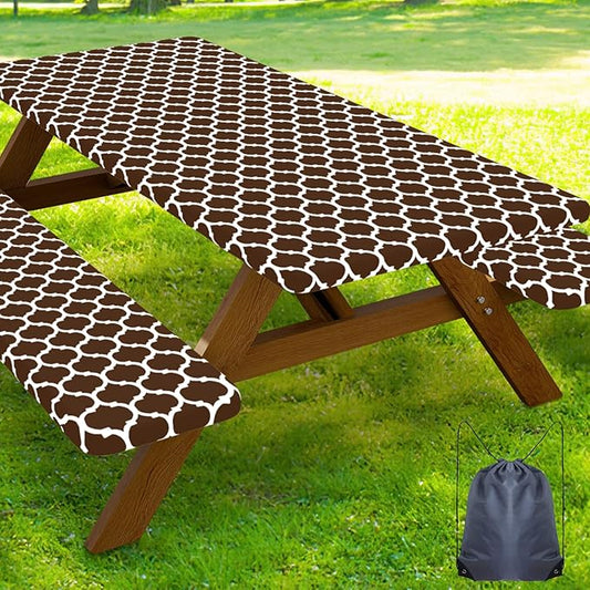 Smiry Picnic Table Cover with Bench Covers, Waterproof Elastic Fitted Tablecloth for 5 Foot Tables, Washable Polyester Tablecloths for Camping, Indoor & Outdoor (Coffee, 30x60 Inch 3-pc Set)