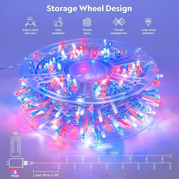 JMEXSUSS 400 LED Red White and Blue Lights Outdoor, 132FT 4th of July Lights Indoor, 8 Modes Patriotic String Light for Memorial Day Independence Day Decoration