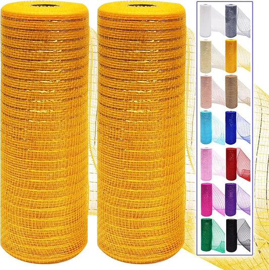 2 Pcs Gold Deco Mesh Ribbon Rolls 10 Inch 10 Yards(30 ft) Decorative Mesh Fabric with Foil for Wreaths Christmas Tree Ribbon Door DIY Craft Halloween Decor Wedding Party Supplies (Gold, 2Pcs)