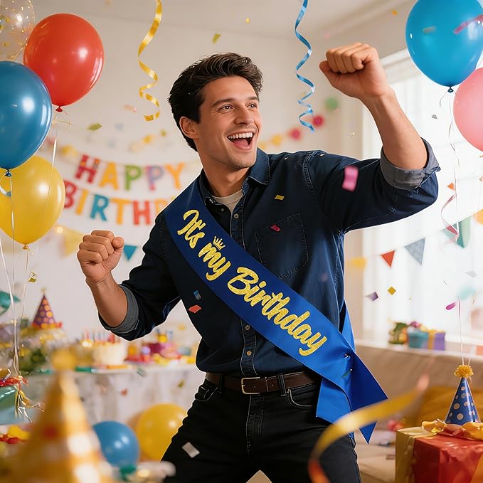 It's My Birthday Sash Royal Blue with Glitter Gold Letters Happy Birthday Sash for Men Boy Bday Gift Ideas Party Favors