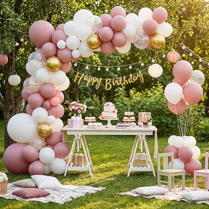 RUBFAC 135pcs Dusty Pink Balloons, Latex Boho Blush Pink Balloon Different Sizes 18 12 10 5 Inch for Garland Arch Baby Shower Engagement Bachelorette Wedding Birthday Party Decorations