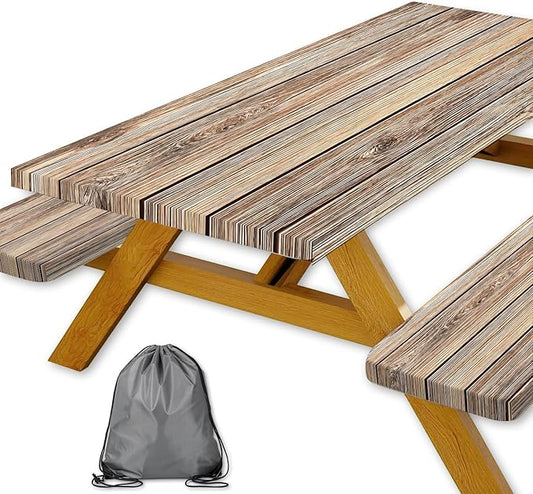 Picnic Table Cover with Bench Covers Camping Essentials Farmhouse Waterproof Windproof Wood Grain Camping Tablecloth Fitted Tablecloth Cover with Elastic Edge for Indoor & Outdoor 3 PCS 30x96 Inch