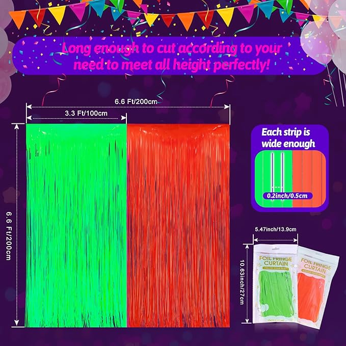Glow in The Dark Party Supplies 2 Pack Neon Party Decorations Fluorescent Tinsel Foil Fringe Curtains Photo Booth Prop Backdrop Streamer Blacklight Decorations (Neon Green+Neon Orange)