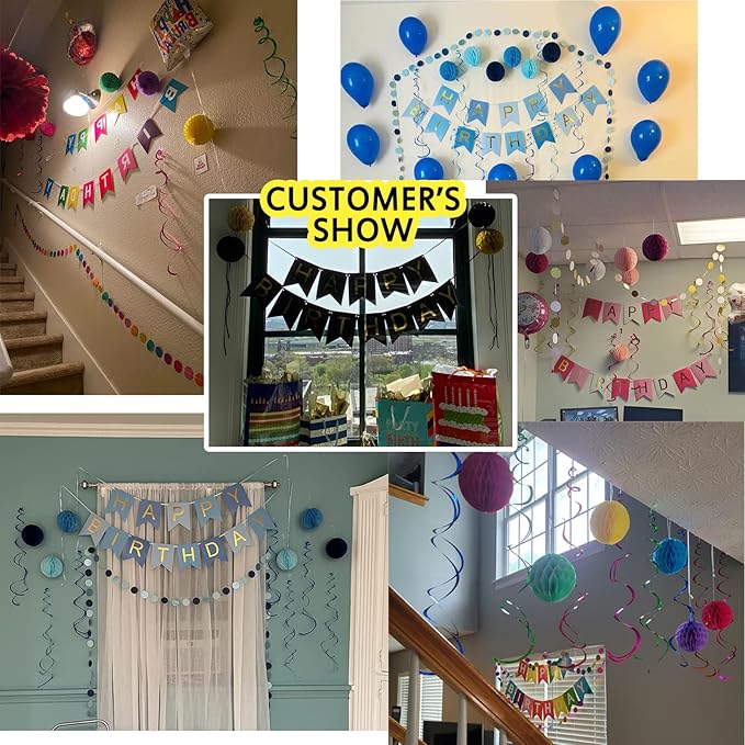 Navy Rose Gold Birthday Decorations with Happy Birthday Banner, Paper Honeycomb Balls, Circle Garland and Hanging Swirl Decorations