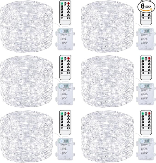 Mlambert 6 Pack 33FT Fairy Lights Battery Operated with Remote and Timer, Waterproof Dimmable 8 Modes Lights for Classroom Backyard Party-Cool White