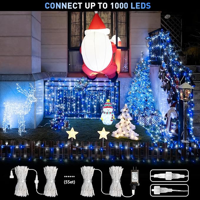 JMEXSUSS Blue and White String Lights Outdoor Indoor, 200 LED Christmas String Lights Clear Wire, 66ft Christmas Lights Plug in for Bedroom Tree Room Party Decorations