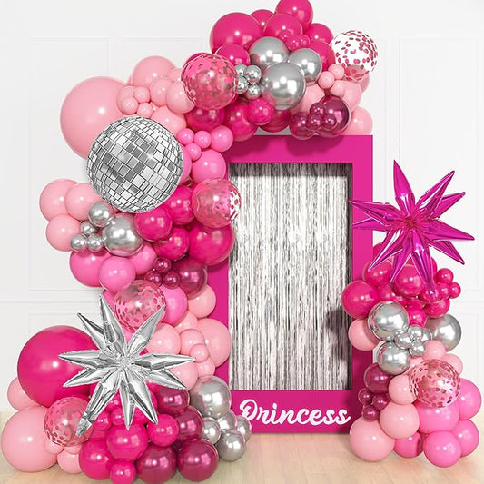 145Pcs Princess Pink and Silver Valentines Balloon Garland Arch Kit, Hot Pink Confetti 4D Star Disco Ball Crown Balloons for Girls Women Bridal Baby Shower Makeup Bachelorette Birthday Party Decors