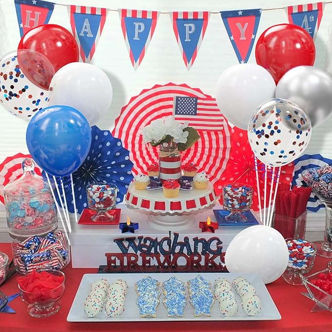 62Pcs Red White and Blue Balloons Kit - 12 Inches Red White Blue Confetti Party Balloons for 4th of July Independence Memorial Day Patriotic Party Decorations