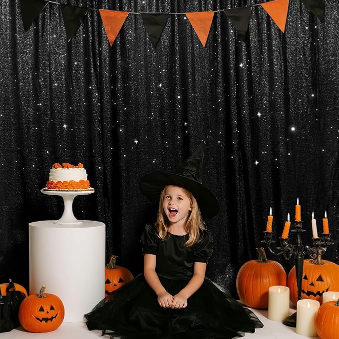 SquarePie 8x8ft Black Sequin Backdrop for Photography, Satin-Backed Real Sequin Curtain, Enhanced Coverage Shimmering Background with 4" Rod Pocket for Wedding, Birthday, Party Decor, 1 Panel