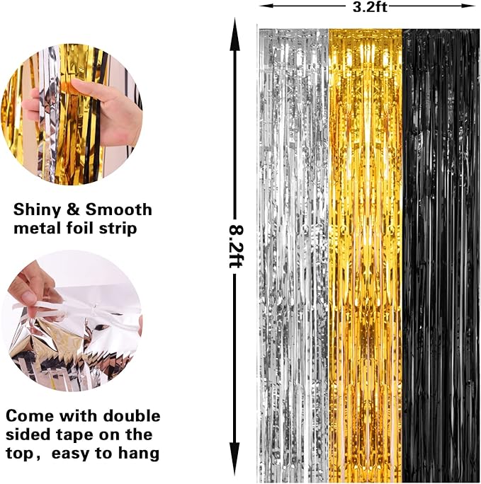 PIGETALE, 2 Pack 3.2x8.2 Feet Silver Black and Gold Tinsel Foil Fringe Curtains Streamers Backdrop for Bridal Baby Shower Wedding Engagement Birthday Graduation Bachelorette Holiday Party Decorations