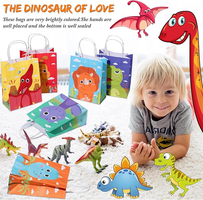 Pajean 24 Pcs Dinosaur Candy Bags with Handle, Dinosaur Party Favor Paper Bags Kids Gifts Goodie Treat Wrapping for Boys Girls Dino Theme Birthday Baby Shower Party Supplies(Cartoon Style)