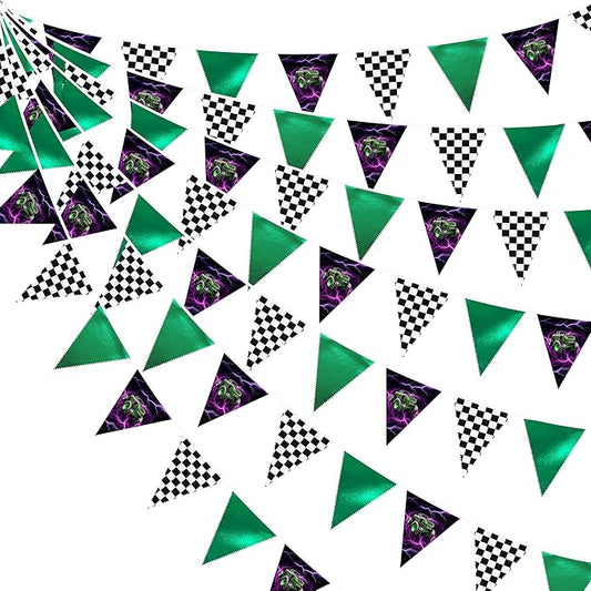 32Ft Monster Truck Party Decorations Green Purple Monster Truck and Black White Checkered Race Car Triangle Flag Pennant Banner Fabric Garland Streamer for Kids Racing Birthday Baby Shower Decor