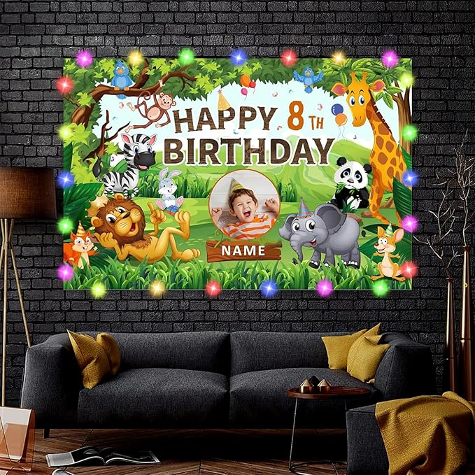 Custom Lion Elephant Zebra Birthday Decorations Supplies,Personalization Giant Panda Fox Rabbit Monkey Theme Birthday Decorations,Jungle Safari Party Decorations Happy Birthday Banner Background