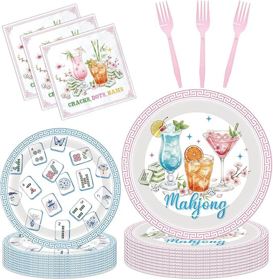 Mahjong Birthday Party Supplies - 96 Pcs Mahj Disposable Paper Dessert Plates Napkins Forks Tableware Decor Cocktail Mah Jong Table Decorations Accessories for Game Night Holiday Serves 24