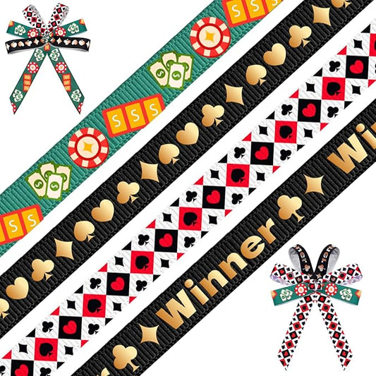 4 Roll Playing Card Ribbon Set, Casino Theme Grosgrain Ribbons, 5/8" x 20Yard Casino Cards Ribbon, Black and Red Decorative Ribbons for Gift Wrapping DIY Poker Theme Birthday Party (Casino Theme)