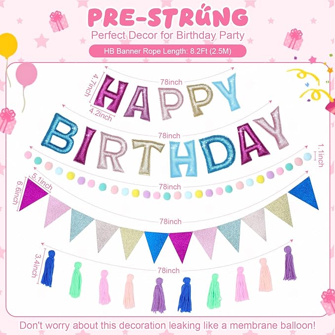 Mindsoft 5 Pcs Pre-strung Unicorn Glitter Happy Birthday Banner Set, Felt Happy Birthday Garland with Ball Garland, Pennant Flags and Tassels, Birthdays Party Decorations for Kids and Adults