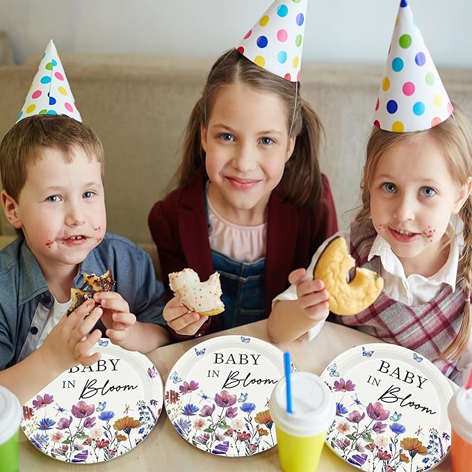 72PCS Baby in Bloom Paper Plates and Napkins - 7 Inch Paper Plates and 6.5 Inch Napkins with 6.3 Inch Forks Disposable Tableware Set for Baby Shower Party Decorations