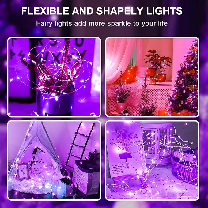 Aogist 4-Pack 16FT Fairy Lights with Spool,Ultra-Bright 50 LEDs Battery Operated Copper Wire String Light for Bedroom Christmas Wedding Centerpiece Parties Decoration,Purple
