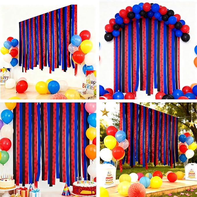 Black Red Blue Crepe Paper Streamers Party Decorations 6 Rolls 492ft Spider Crepe Paper Streamers for Spider Theme Party Baby Shower Graduation Wedding DIY Backdrop 1.8 Inch x 82 Ft/Roll