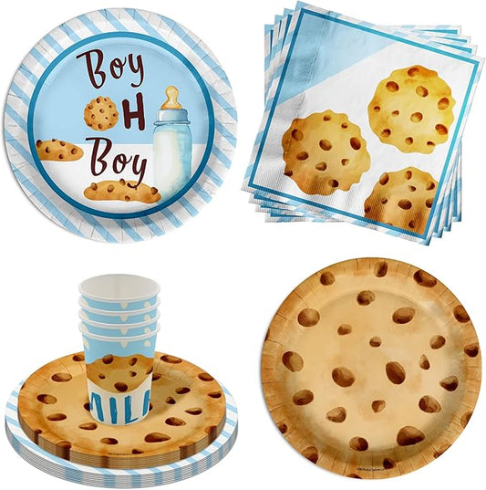 Birthday Galore Boy oh Boy Cookies Baby Shower Party Supplies - 64 Piece Baby Shower Tableware Set Includes Large 9" Dinner Plates and 8" Dessert Paper Plates Napkins Cups - Kit for 16