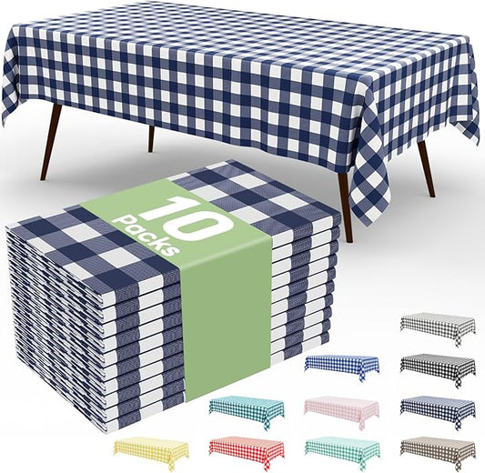 Smiry 10 Pack Navy Gingham Disposable Tablecloths - 54" x 108" Heavy Duty Plastic Table Cloth, Waterproof Buffalo Plaid Table Covers for Picnic, Banquets, Outdoor Parties
