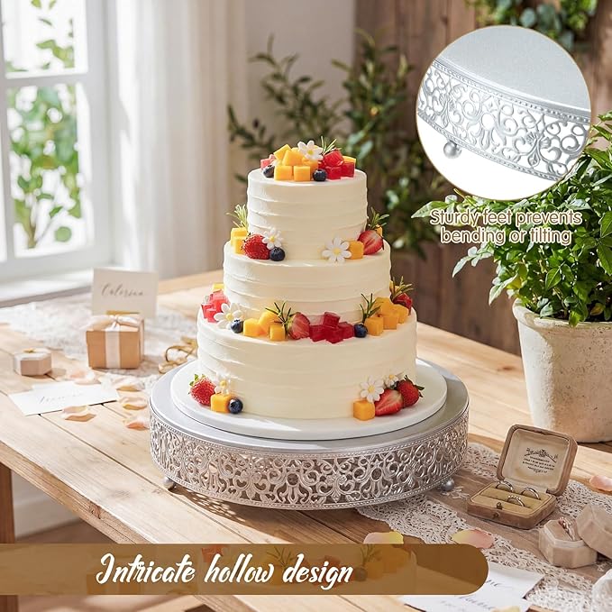Wenqik 12 Inch Silver Cake Stand Set Metal Round Cupcake Dessert Stand with Cake Cutting, Spatula Wedding Cupcake Pastry Display Candy Holder Display for Wedding Party Birthday Baby Shower(Classic)