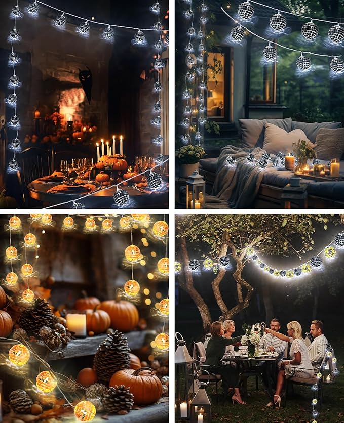 AceList Orange Disco Ball Decor 20 LED 9.8Ft String Light - Battery Powered and USB Plug, Fall Decor for 70's Party Decorations and Bachelor Birthday Parties, Mamma Mia