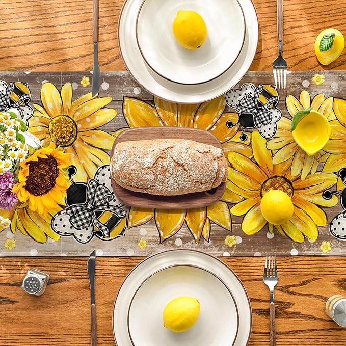 Artoid Mode Wood Sunflower Bee Flower Polka Dot Summer Table Runner, Seasonal Kitchen Dining Table Decoration for Home Party Decor 13x90 Inch