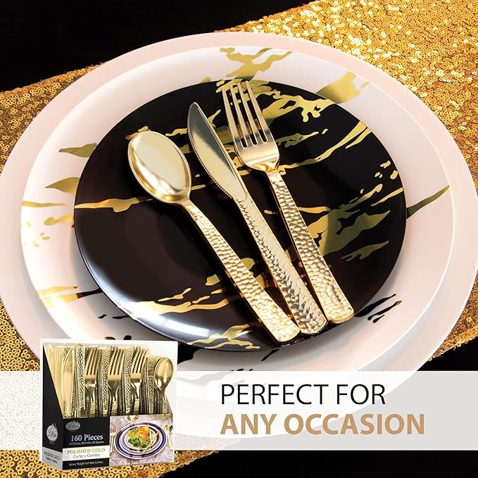 960 Piece Gold Plastic Silverware, Extra Heavyweight Disposable Cutlery Set, Full Size Gold Pebbled Flatware Combo, 480 Forks 240 Spoons 240 Knives, Bulk Party & Wedding Utensils