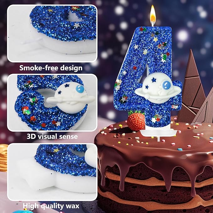 HXOUSE Spaceship Number 4 Birthday Candles - Outer Space Universe Birthday Candles for Cake, 4 Candle Topper for Anniversary Celebrations, Astronaut Rocket Party Decorations for Boys