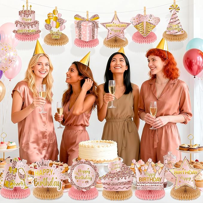 12Pcs Rose Gold Birthday Decorations Honeycomb Centerpieces for Women Girls, Rose Gold Happy Birthday Table Centerpieces for Kids Adult Birthday Table Topper Sign Decor Supplies
