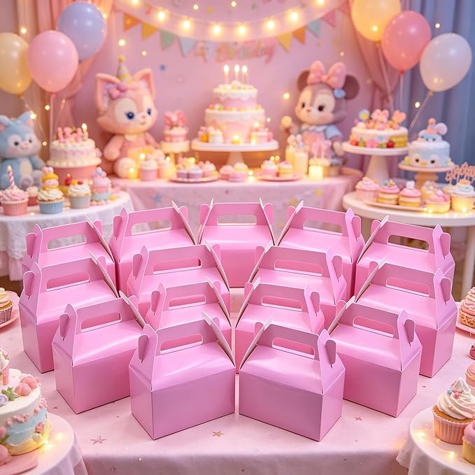 XAGLVV 24 Pack Pink Paper Gable Boxes,6.2 Inch Candy Boxes with Handle, Snack Party Favor& Gift Cookie bags for kids Birthday,Wedding, Baby Shower, Graduation.