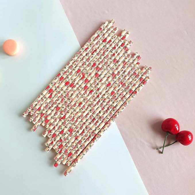 100 Pcs Light Pink With Red Rose Flower Paper Straws, Vintage Green Leaf Floral Drinking Straws, Retro Garden Tea Party Wedding Valentine Spring Celebrations Events Cake Pop Sticks (Flower H001)