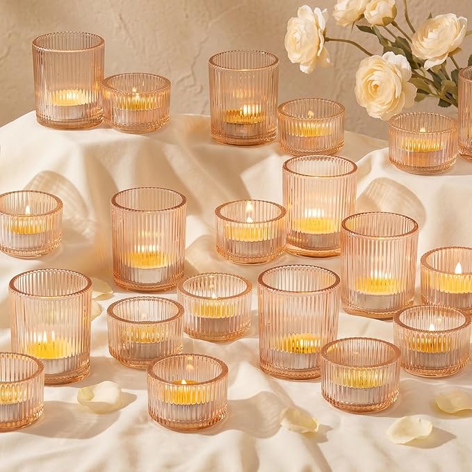 Glasseam Gold Votive Candle Holders: 24 Pcs Ribbed Glass Tealight Candle Holder Set Tea Light Holders Bulk Wedding Decorations for Reception Modern Party Decor Centerpiece