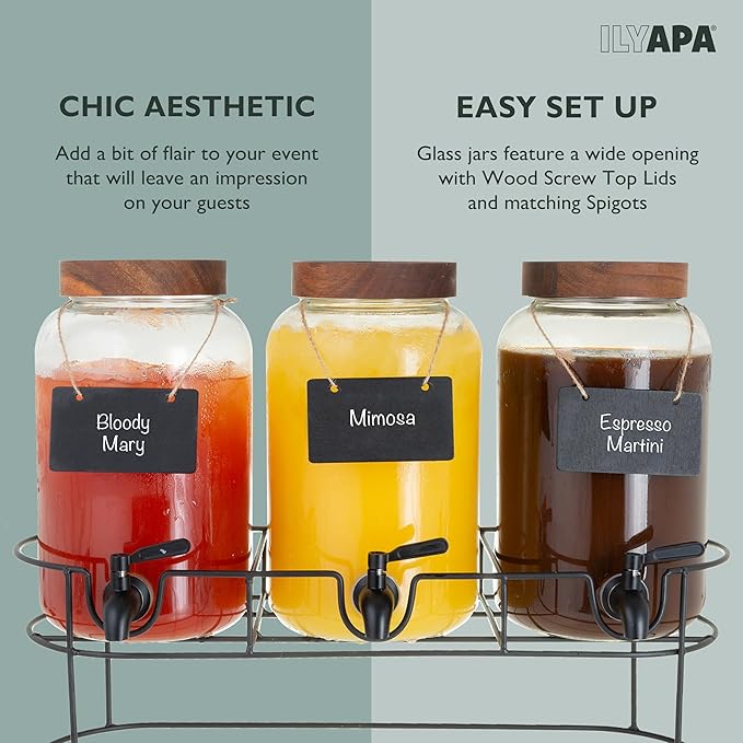 Ilyapa Glass Drink Dispenser for Parties - 3 Pack, 1 Gallon Triple Beverage Multi Drink Dispenser with Stand, Wood Tops and Black Stainless Spigots