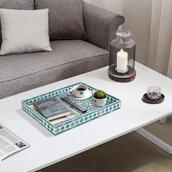 MAONAME Rectangular Decorative Tray, Plastic Serving Tray with Handles, Modern Green Trays for Ottoman, Coffee Table Trays for Living Room, Home Decor, 15.7" x 11.8" x 1.6"