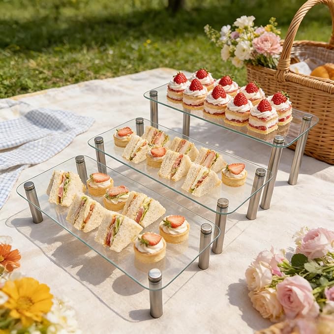 6 Pack Tempered Glass Display Stands Set, 13 Inch Rectangular Cake Cupcake Stand Dessert Display Riser Serving Platter Plate for Decoration Table Party Wedding Baby Shower