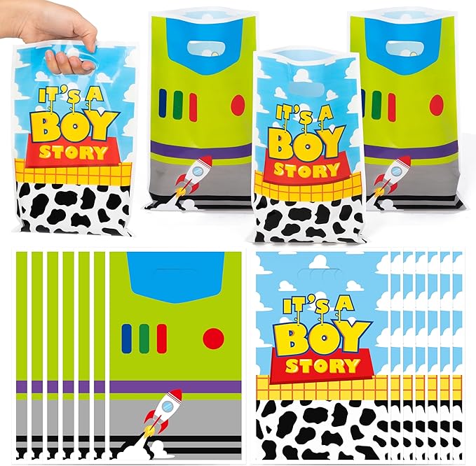 Andi Cppss Cartoon Story Party Favor Bags - 50PCS Boy Story Party Gift Bags for Boys Plastic Goodies Bag with Handle for Birthday Parties Supplies Boys Baby Show Birthday Parties Favor Treat Candy Bag