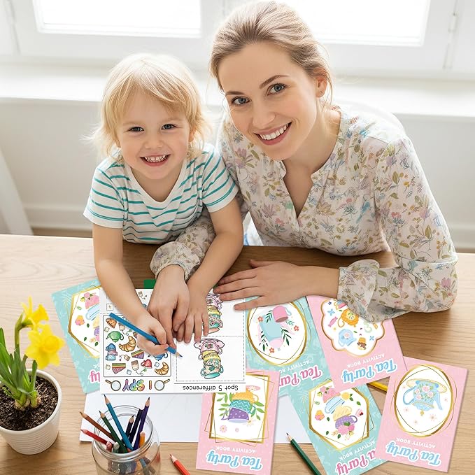 Tea Party Activity Books for Kids - 48Pcs Tea Time Themed Mini Game Coloring Booklet Bulk Maze Word Scramble Word Search Coloring Books for Birthday DIY Party Favor Goodies Bag Filler Classroom Reward