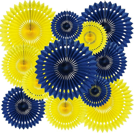 BEISHIDA Navy Blue Yellow Tissue Hanging Honeycomb Round Paper Fans Decoration Set for Graduation Birthday Baby Shower Bachelorette Wedding Photo Backdrops Anniversary Paper Party Supplies(12 Packs)