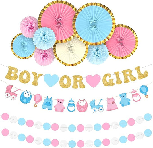 KatchOn, Boy or Girl Gender Reveal Banner - 10 Feet, Pack of 13 | Glitter Boy or Girl Banner, Pompoms, Paper Fans | Gender Reveal Decorations | Pink and Blue Baby Shower Decorations