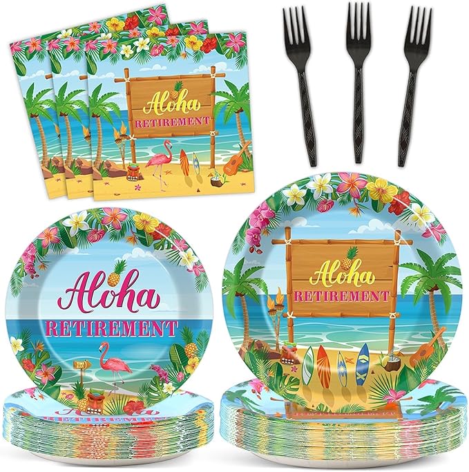 Tropical Hawaiian Luau Happy Retirement Party Decorations Aloha Retirement Party Plates Napkins Beach Paper Plates Summer Aloha Disposable Dinnerware for Hawaiian Beach Theme Decors Supplies Serve 24