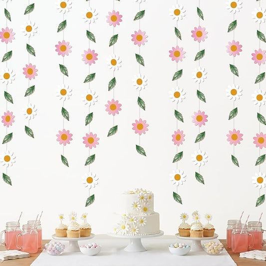 Cheerland Daisy Garland Boho Party Decorations Groovy Pink White Flower Banner Hanging Hippie Floral for Birthday Cottagecore Baby in Bloom Bridal Shower Onederland Garden Tea Decor Supplies 6pcs