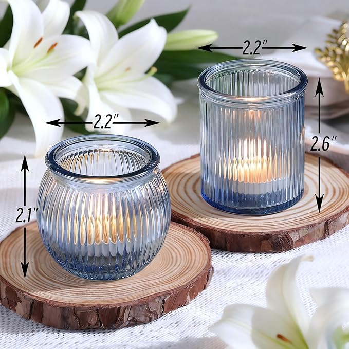 NITIME 12pcs Assorted Blue Votive Candle Holders for Wedding Decor, Ribbed Tea Lights Candle Holder, Glass Candle Holder for Table Centerpiece, Party and Holiday Decorations