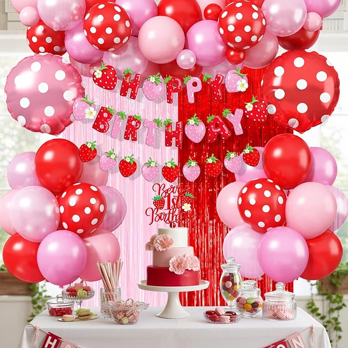 Strawberry Birthday Decorations for Girls, Berry First Birthday Decor Pastel Pink Red Polka Dot Foil Balloons Sweet Strawberry Banner Cake Topper for Sweet Berry Baby Shower 1st Girl Party Supplies