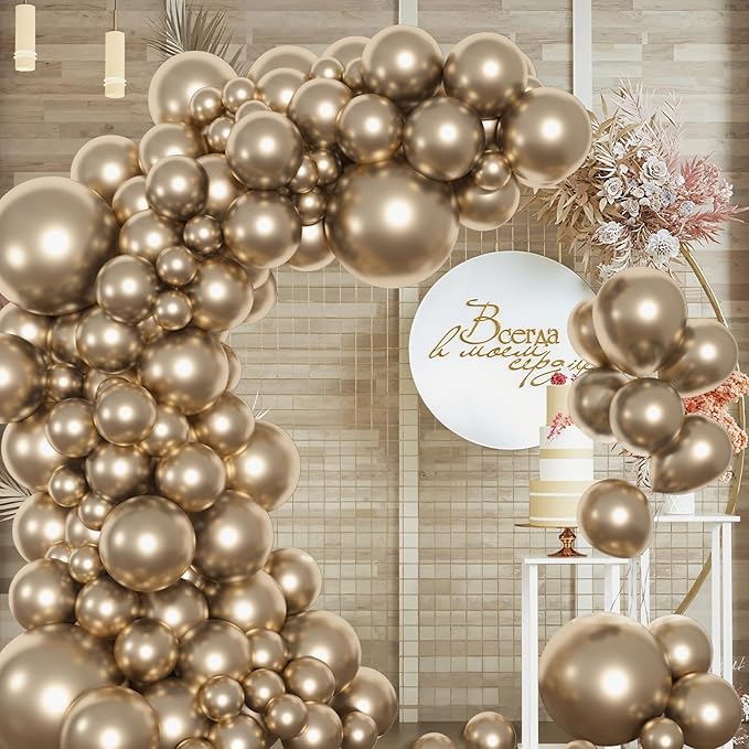 Amandir 153pcs Metallic Gold Balloons Arch Garland Kit Different Sizes 18 12 10 5 Inch Chrome Gold Champagne Balloon for Birthday Wedding Anniversary Bachelorette Graduation Party Decorations