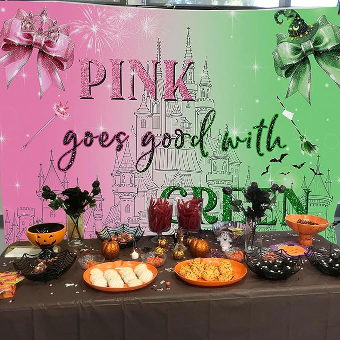 Mocsicka Witch Happy Birthday Backdrop Pink Goes Good with Green Birthday Party Decorations for Movie Photography Background Party Supplies (Pink and Green, 6x4ft(72"x48"))
